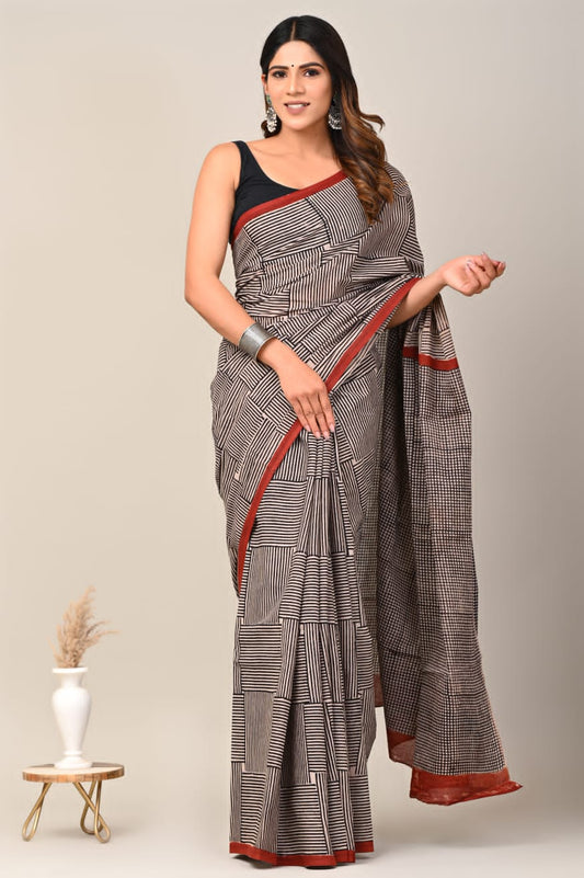 Mulmul Cotton Saree Beige Color Handblock Printed with running blouse - IndieHaat