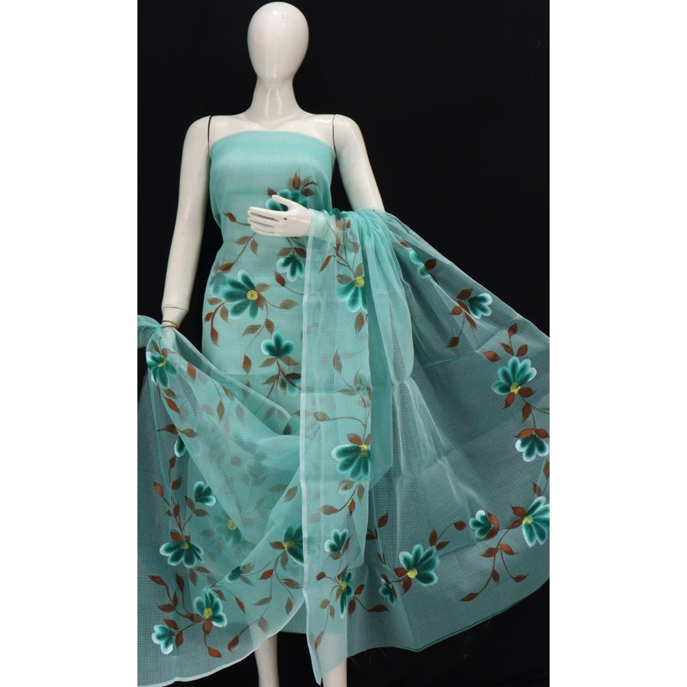 Kota Doria Blue Suit Material 2 Piece Hand Painted (Only Top And Dupatta)-Indiehaat