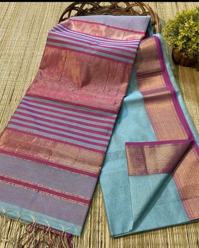 Pure Maheshwari Handwoven Tissue Silk Saree Pastel Blue Color with running blouse - IndieHaat