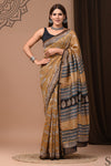 Pure Chanderi Silk  Mustard Yellow  Saree Handblock Printed with running blouse