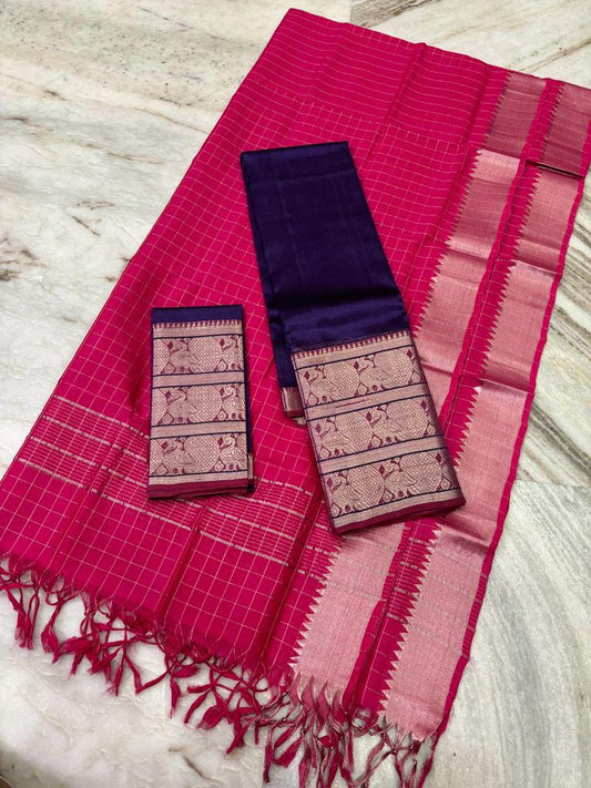 Mangalagiri Lehanga Sets Magenta Pink & Dark Violet Color 300 K Kanchi Border (Lehanga+Blouse+Dupatta) - IndieHaat