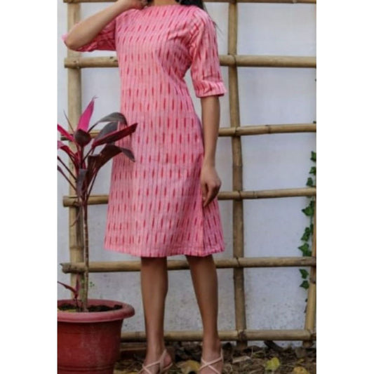 Pure Cotton Light Pink Ikkat Handblock Printed Prestitched Dress (Size 34 to 46)-Indiehaat