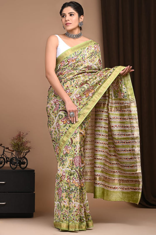 Pure Maheshwari Silk Saree Green Hand block Printed with running blouse (Silk by Silk)-Indiehaat