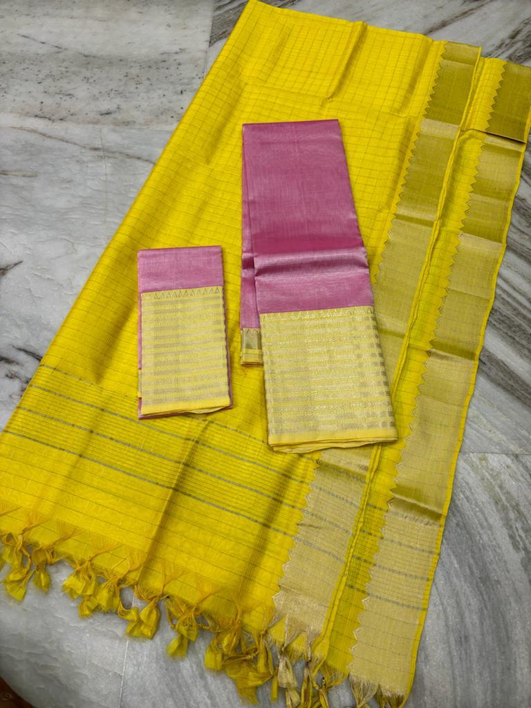 Mangalagiri Lehanga Sets Yellow & Dusty Rose Pink Color 300 K Kanchi Border (Lehanga+Blouse+Dupatta) - IndieHaat