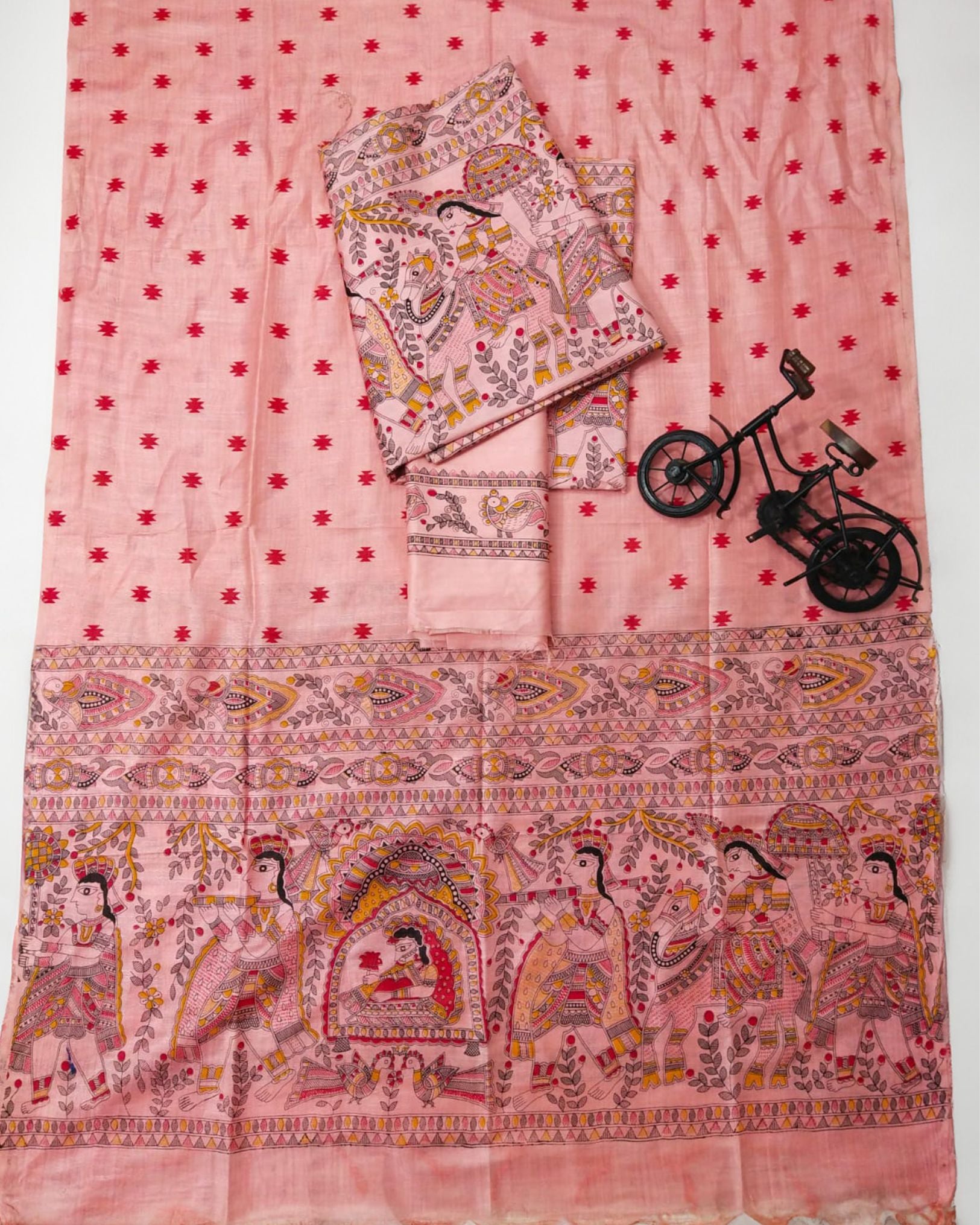 Katan Silk Suit Pale Rose Pink Color Madhubani Print - IndieHaat
