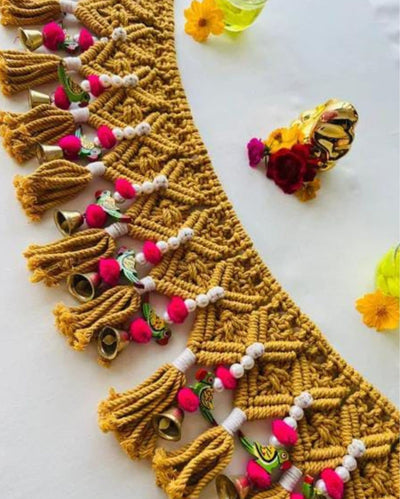 Macrame Handmade Toran with Parrot/Bell Decoration Brown Color-Indiehaat