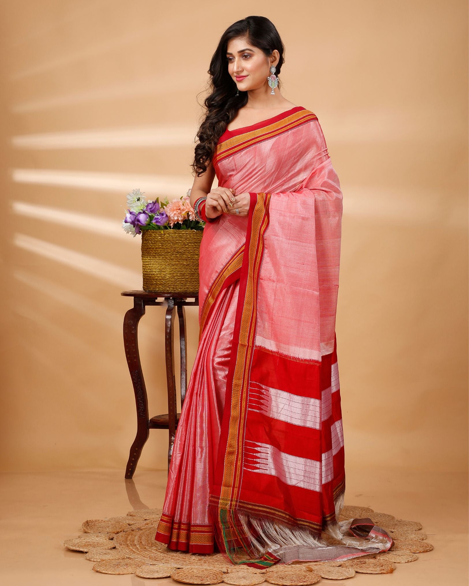 ILKAL Handloom Cotton Silk Saree Coral Pink Color with running blouse - IndieHaat