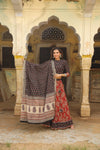 Handblock Printed Cotton Lehanga And Top With Mulmul Dupatta (Size: 34-46) Dark Gray & Red Color-Indiehaat