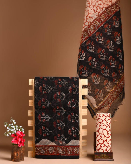 Kota Doria Suit (Top+Bottom+Dupatta) Black Color Handblock printed - IndieHaat