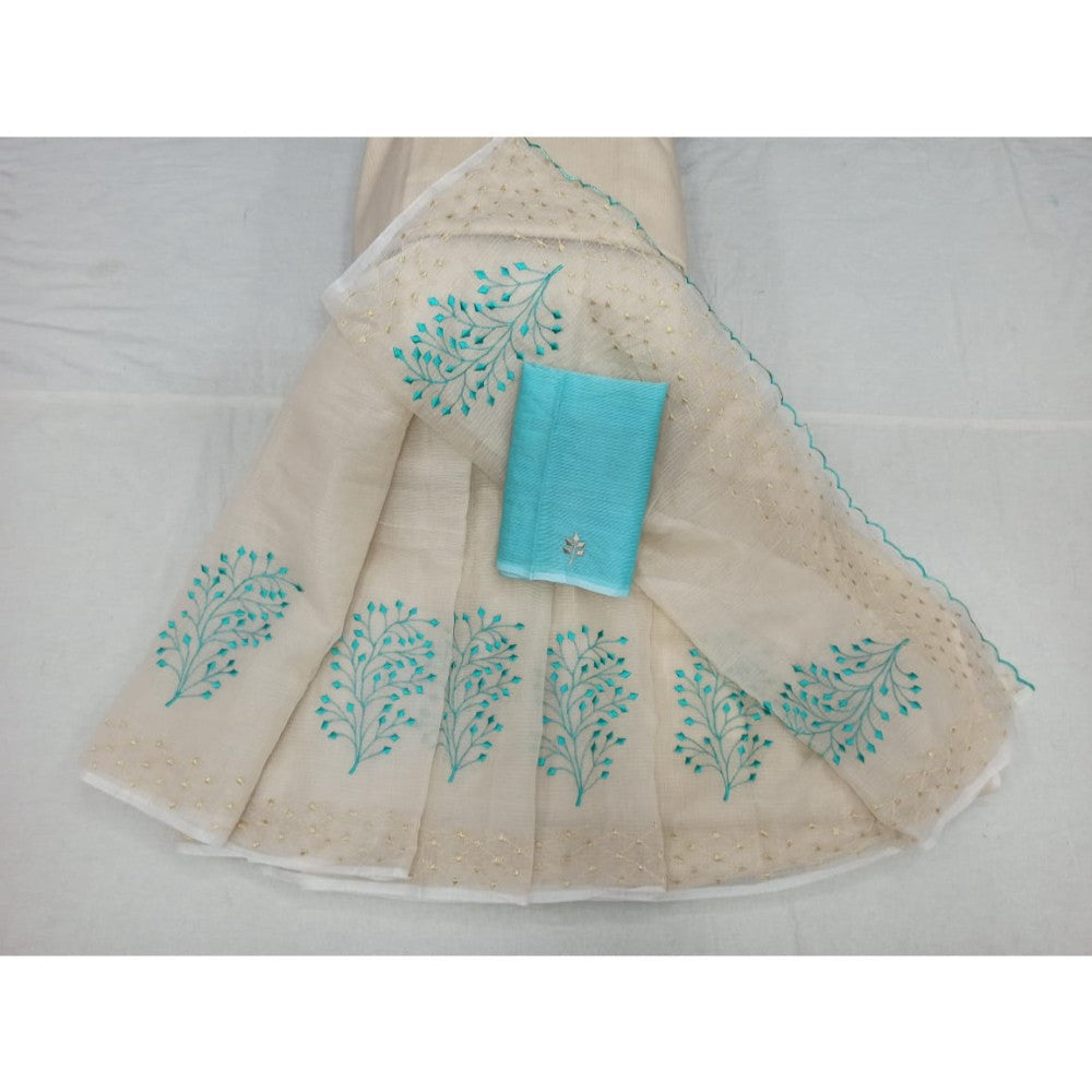 Kota Doria Embroidery Biege Saree with blouse Handcrafted-Indiehaat