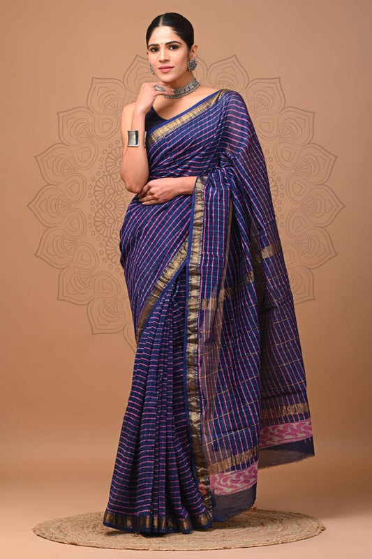 Pure Maheshwari Silk Saree Blue Hand block Printed with running blouse (Silk by Silk)-Indiehaat