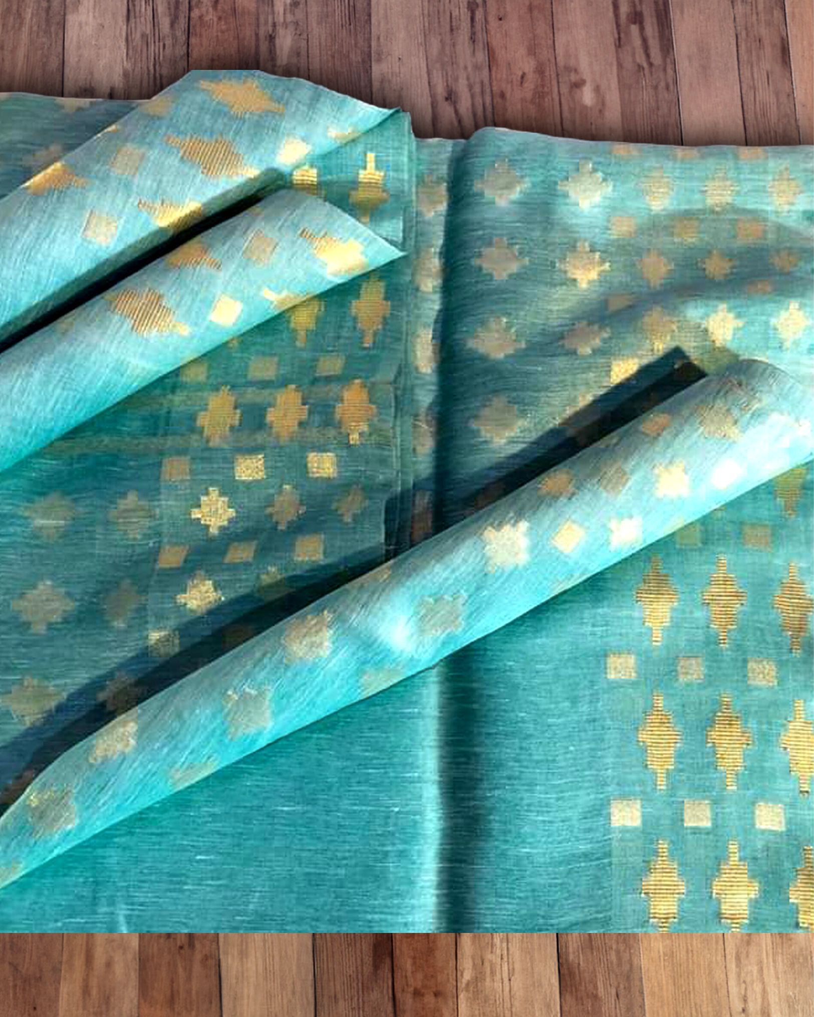 Pure Silk Linen Handloom Saree Turquoise Blue Color with Weaving Pattern  Design and running blouse - IndieHaat –