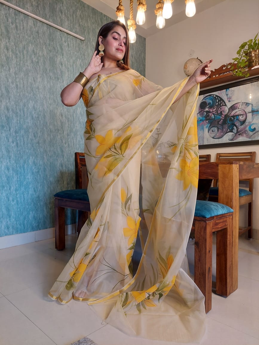 Organza Silk Saree Light Brown Color Hand Painted with running blouse - IndieHaat