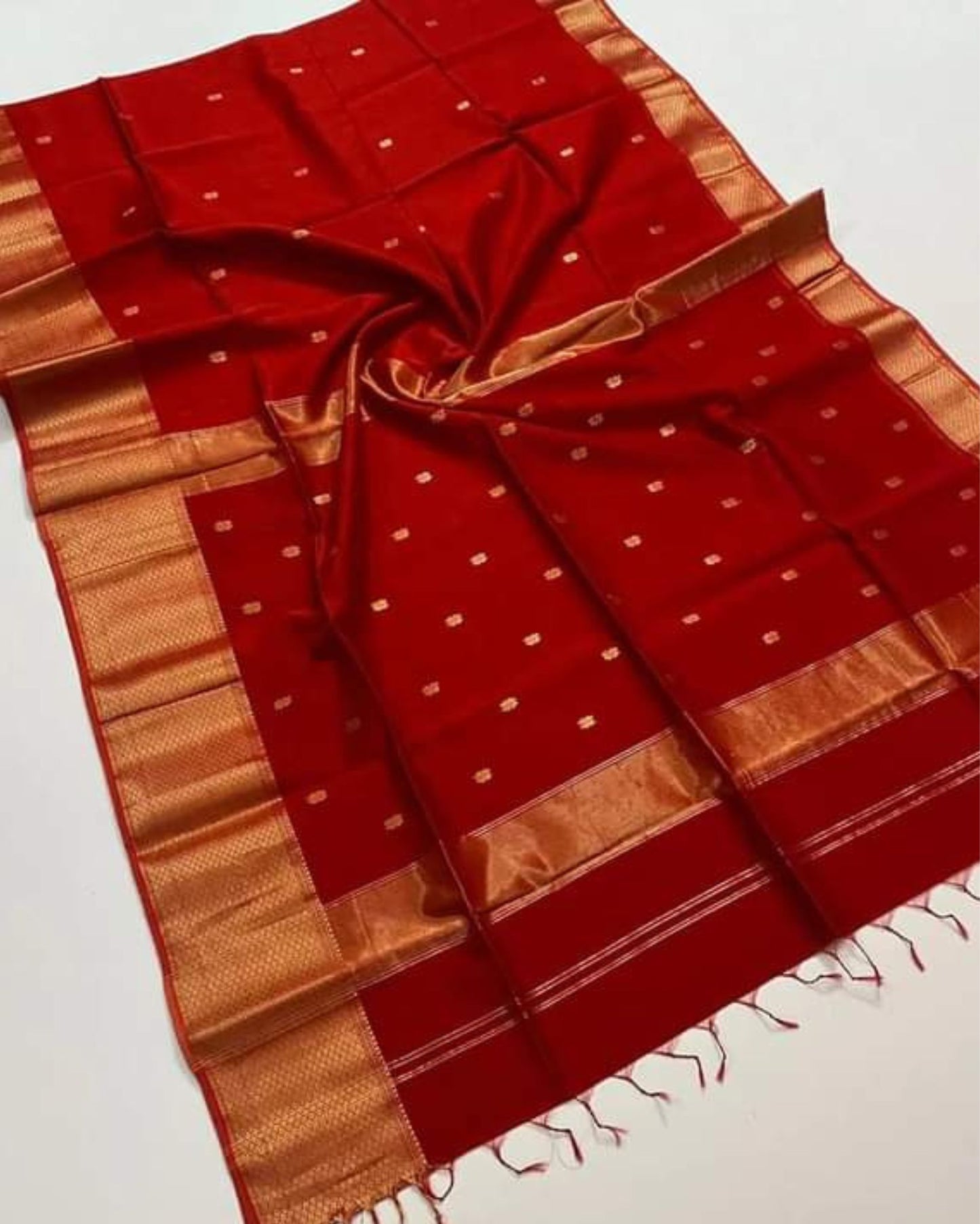 Maheshwari Handloom Silk Saree Red Color with Golden Zari Double Design border Paan Buti Pallu and running blouse - IndieHaat