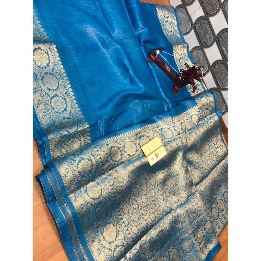 Silk Linen Banarasi Brocade Handloom Sapphire Blue Saree with Blouse-Indiehaat