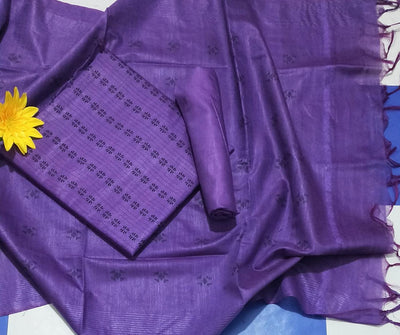 Handcrafted Katan Silk Purple Suit Piece with Bottom and Dupatta-Indiehaat