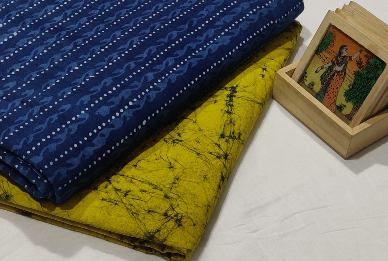 Pure Cotton Suit Set Blue and Yellow (Only Top and Bottom) Handblock Print - 2.5 Meter Each-Indiehaat