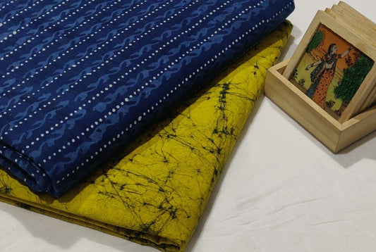 Pure Cotton Suit Set Blue and Yellow (Only Top and Bottom) Handblock Print - 2.5 Meter Each-Indiehaat