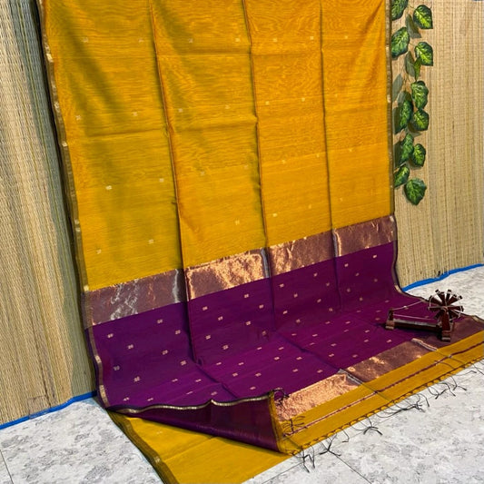 Maheshwari Silk Saree Butta Body Golden Orange Color with golden zari weaving border and running blouse (Butta Design) - IndieHaat