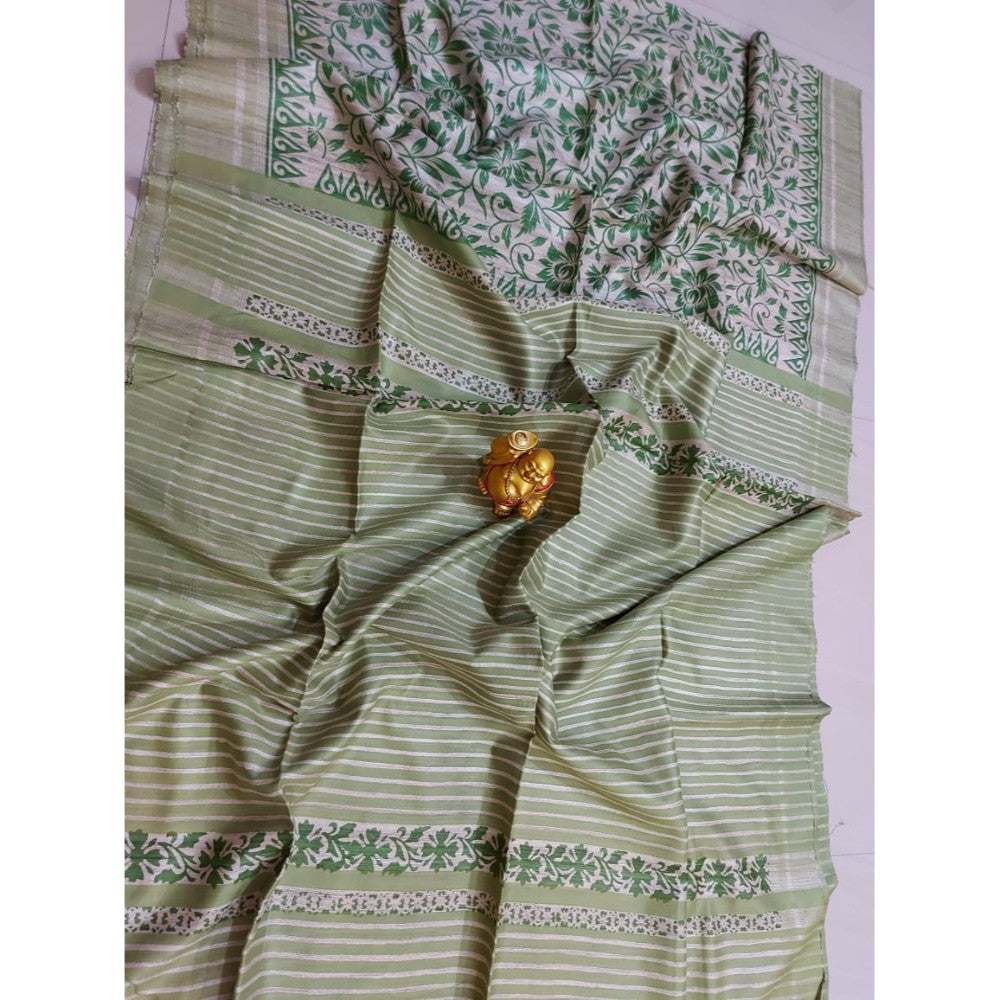 Silkmark Certified Tussar Silk Handloom Handblock Printed Green Saree with Blouse-Indiehaat