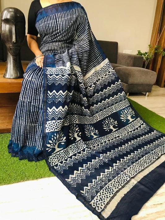 Chanderi Silk Saree Indigo Print Blue 13% Off - IndieHaat