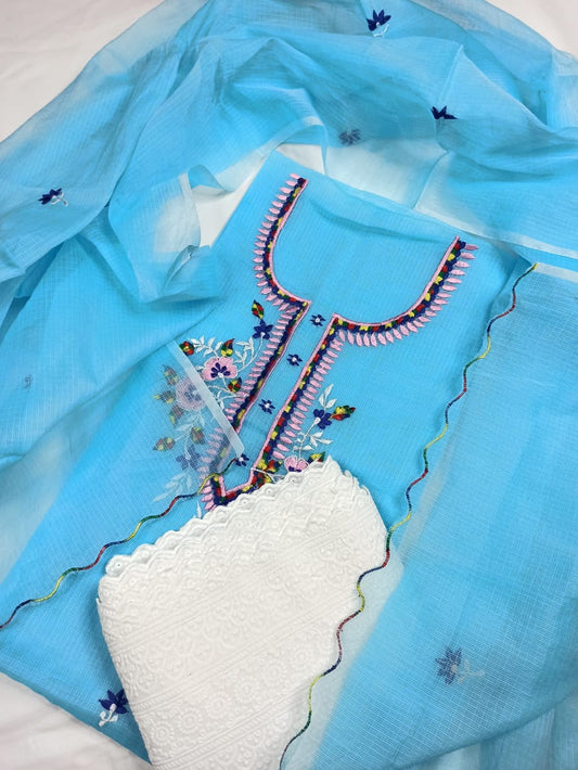 Kota Doria Embroidery White Blue Suit Material with Matching Dupatta and Chikenkari White Bottom-Indiehaat