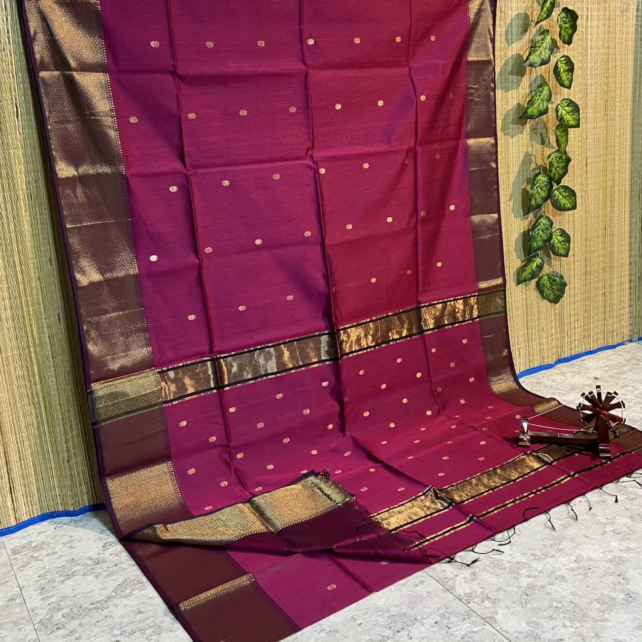 Maheshwari Cotton Silk Saree Butta Body Ruby Red Color and contrast blouse with butta design - IndieHaat