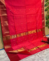 Maheshwari Handloom Handwoven Saree Crimson Red Color Double Design Zari Border with flower buti pallu and contrast blouse - IndieHaat
