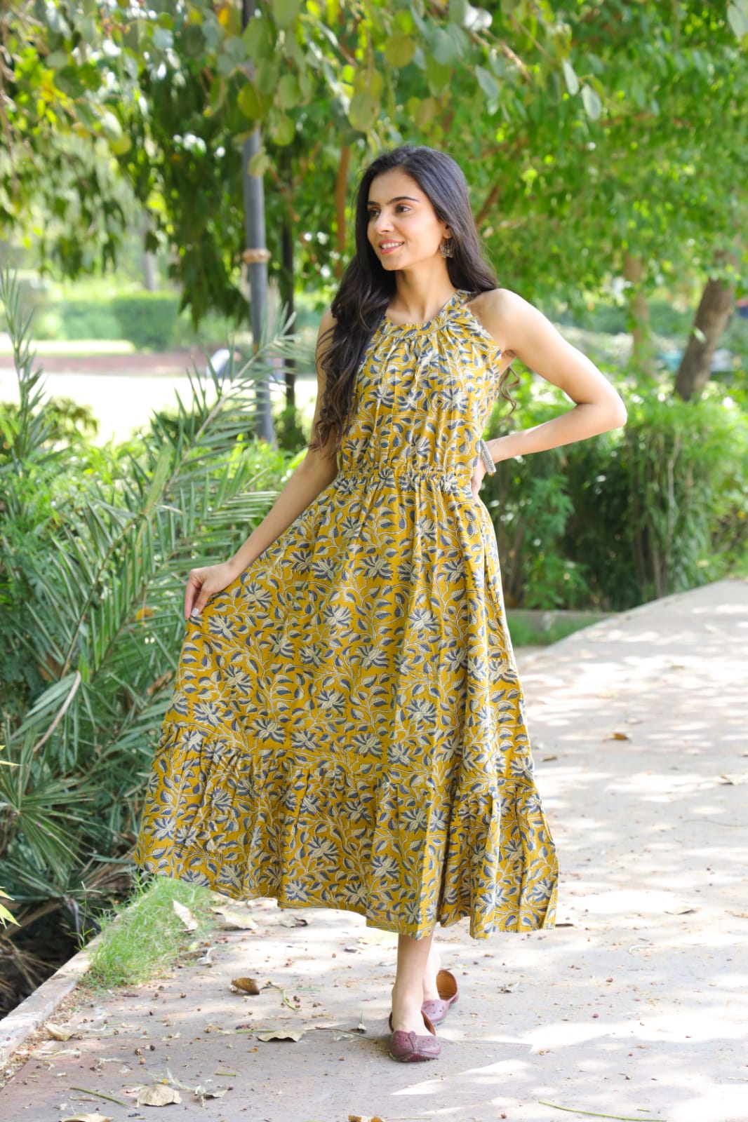 Sunshine Yellow Hand Painted Flared Cotton Dress – Hatheli
