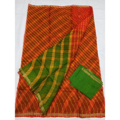 Pure Silk Kota Doria Orange Saree with blouse Handcrafted-Indiehaat