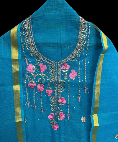 Kota Doria Blue Suit Hand Gota Patti Work-Indiehaat