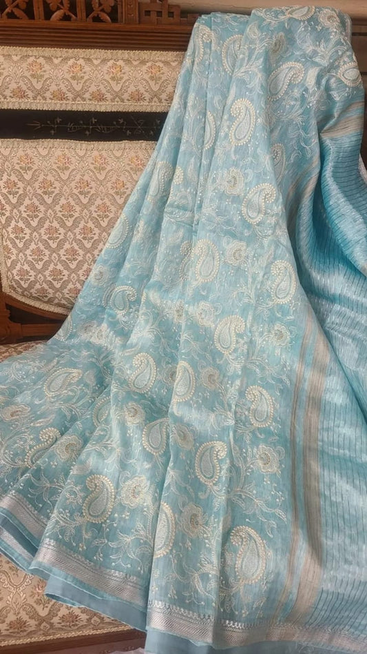 Pure Kota Linen Embroidery Saree Conch Green Colour with running blouse-Indiehaat