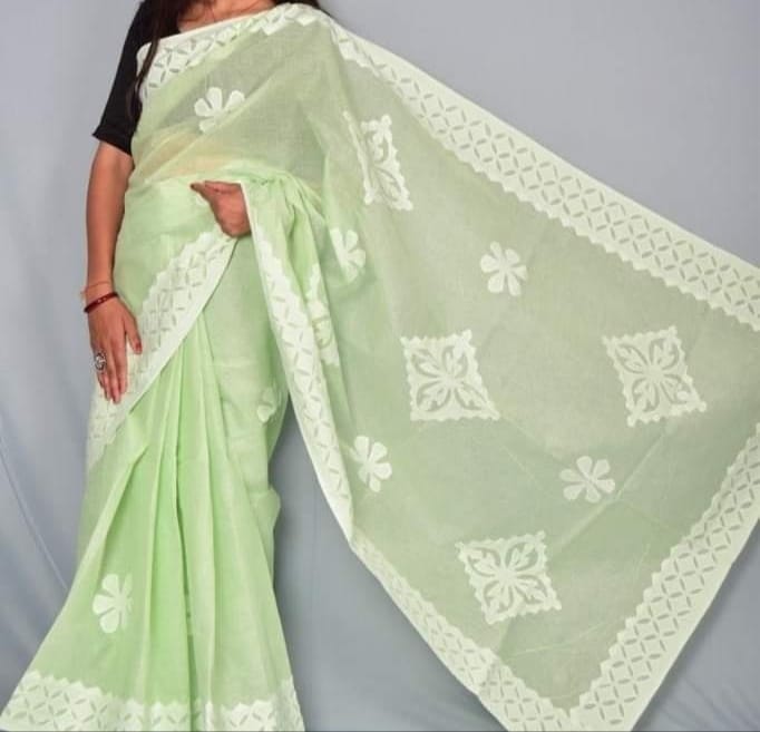 Organdy Cotton Saree Applique work Pale Leaf Green Colour with running blouse-Indiehaat