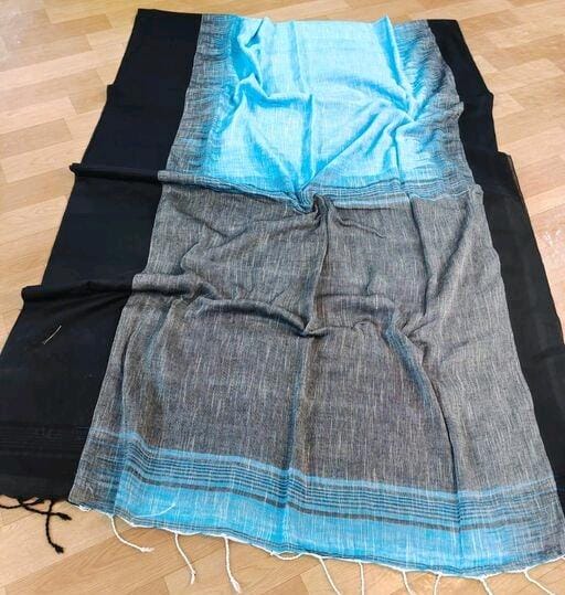 Handloom Cotton Ikkat Weaving Blue and Black Saree with Contrast Blouse-Indiehaat