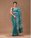 Maheshwari Silk Saree greenish-blue Handblock Printed With running blouse (Silk by Silk)