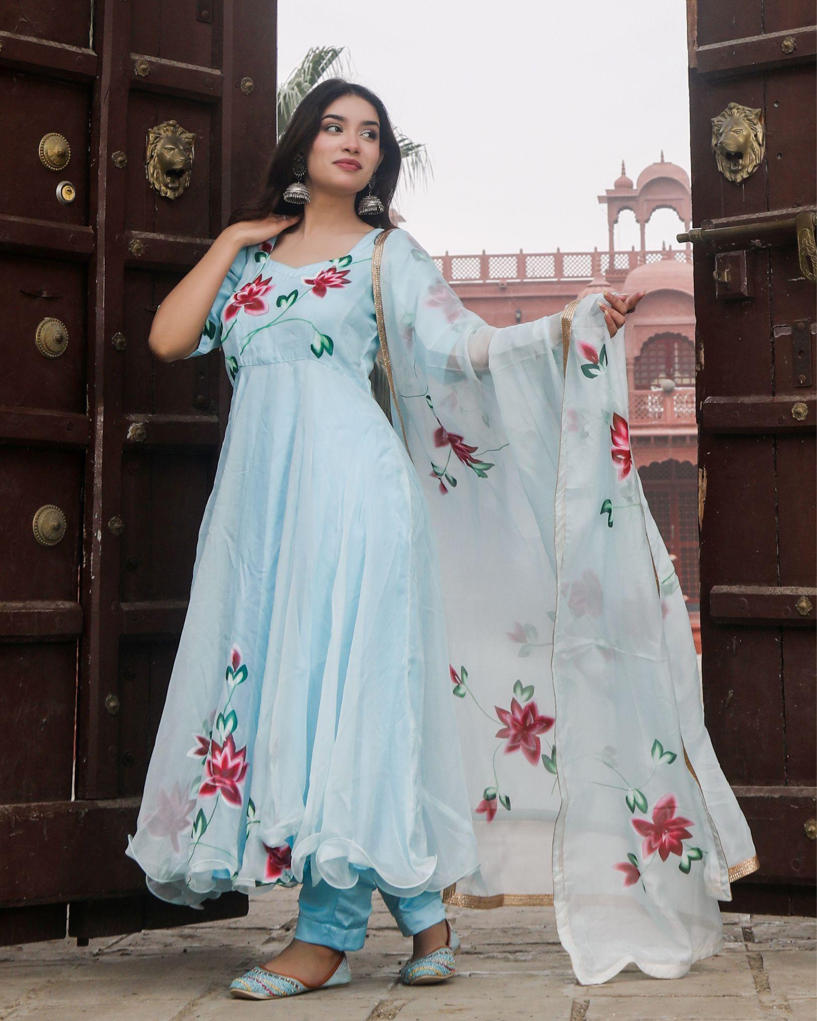 Organza Stitched Suit Light Blue Color Hand painted - IndieHaat