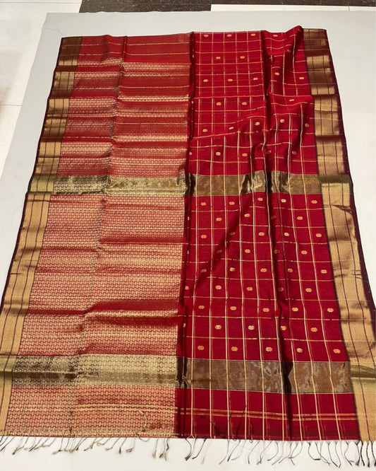Maheshwari Handloom Pure Tissue Silk Saree Ruby Red Color with running blouse - IndieHaat