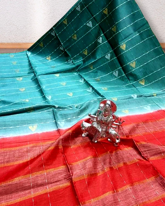Katan Dupion Silk Saree Teal Blue Color Weaving Design Contrast Pallu with running blouse - IndieHaat