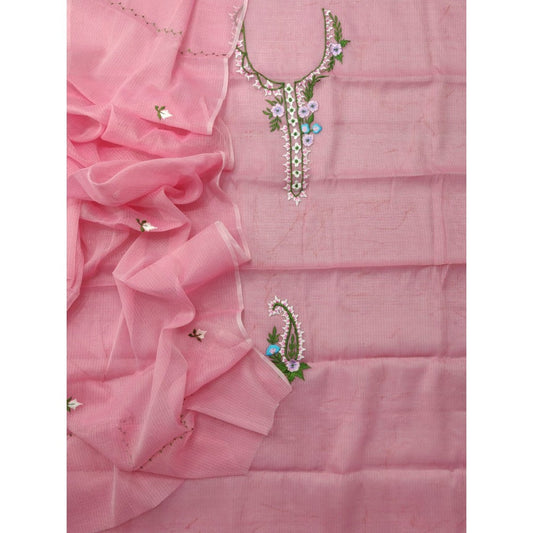 Kota Doria Pink Suit Material 2 Piece Embroidered (Only Top and Dupatta)-Indiehaat