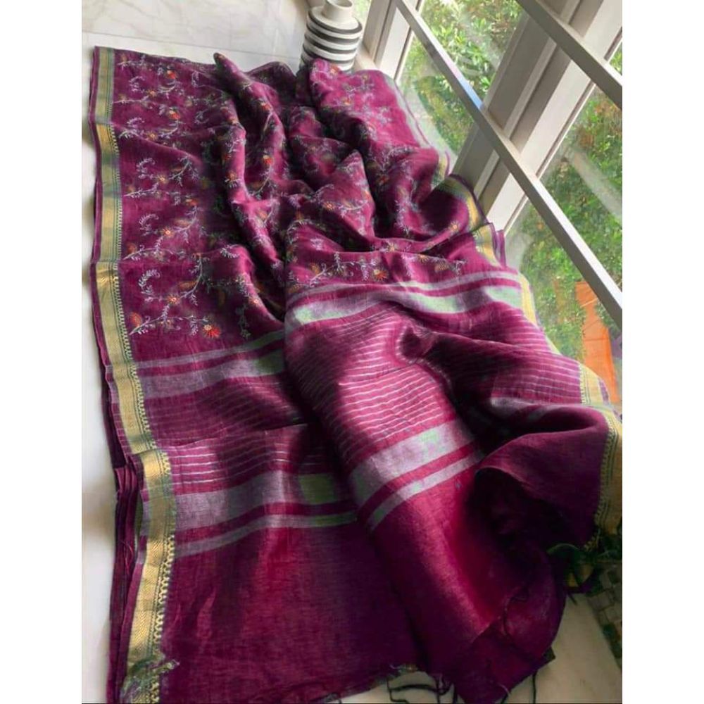 Silk Linen Digital Embroidered Handloom Purple Saree with Running Blouse-Indiehaat