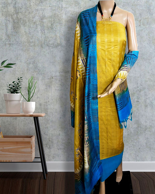 Katan Silk Suit Piece Yellow Color with Printed Dupatta - IndieHaat