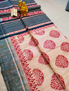 Silkmark Certified Tussar Silk Handloom Handblock Printed Red and Blue Saree with Blouse-Indiehaat