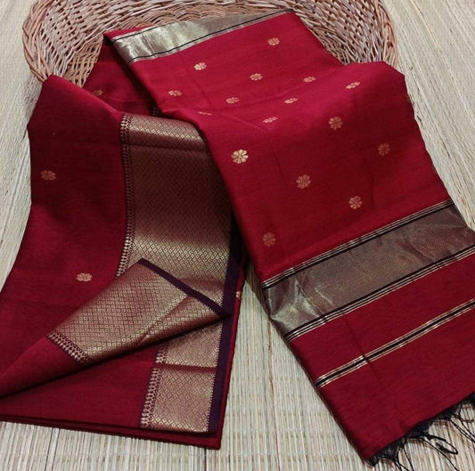 Maheshwari Cotton Silk Saree Butta Body Red Color and contrast blouse with butta design - IndieHaat