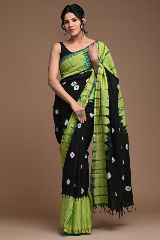 Pure Assam Silk Black and Green Saree Hand Block Print with Running Blouse-Indiehaat