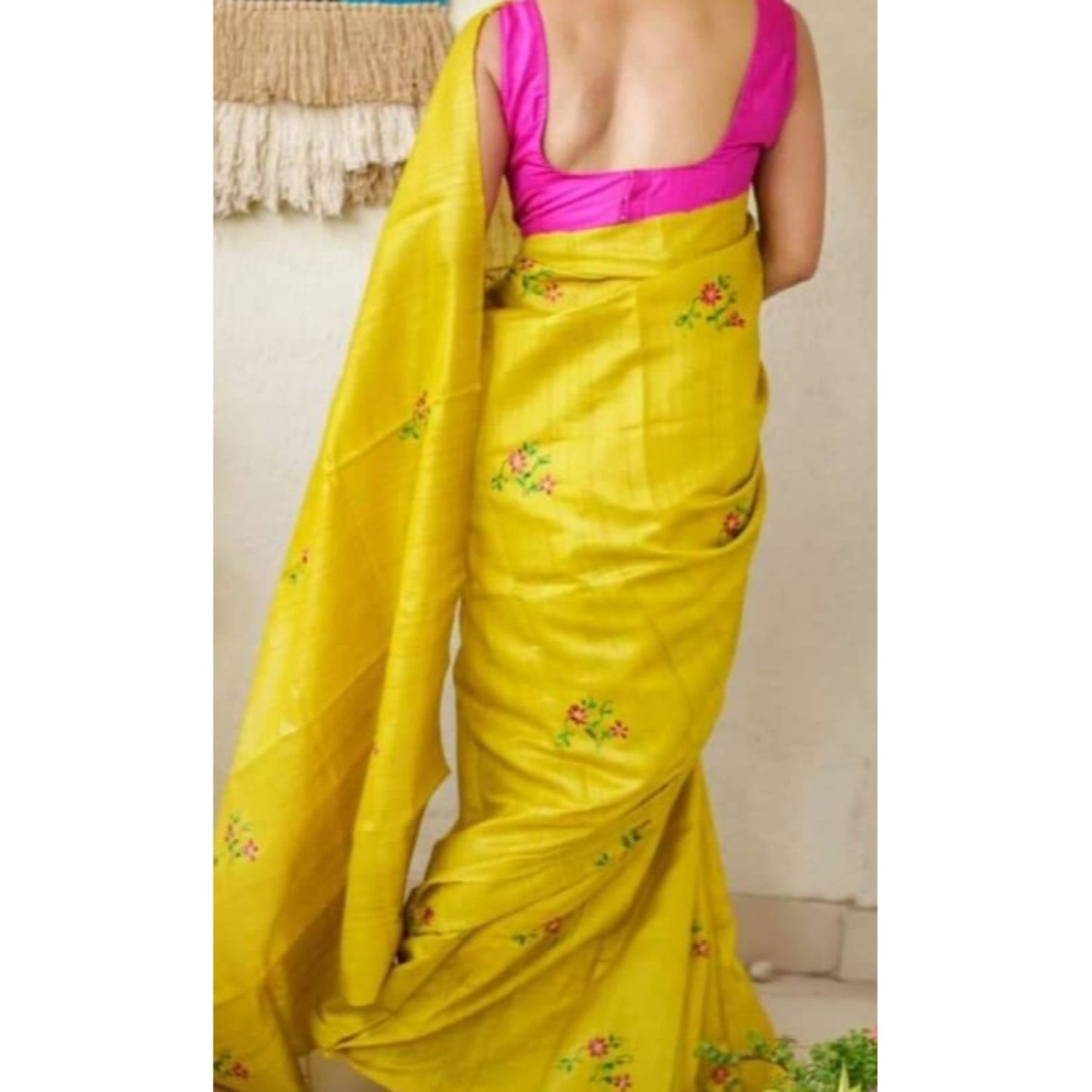 Silkmark Certified Pure Tussar Silk Embroidered yellow Saree with Embroidery Colour Blouse (Tussar by Tussar)-Indiehaat