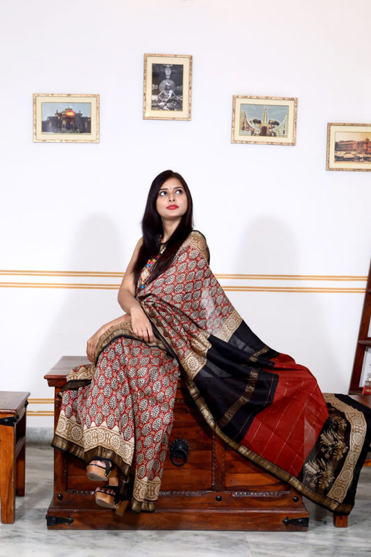 Shop the Best Pure Maheshwari Silk Saree Hand block Printed at 17% Off - Indiehaat