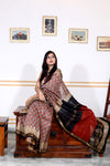 Pure Maheshwari Silk Saree Brown Hand block Printed with running blouse (Silk by Silk)-Indiehaat