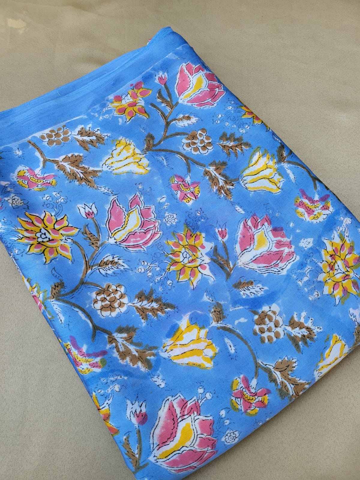 Pure Modal Silk(Imported Silk Fabric) Saree natural dye vegetable hand block print Cornflower Blue Colour with beautiful printed blouse