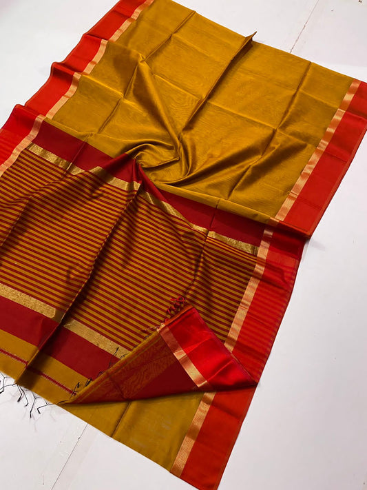 Maheshwari Handloom Cotton Silk Saree Mustard Brown Color with contrast Pallu and blouse - IndieHaat