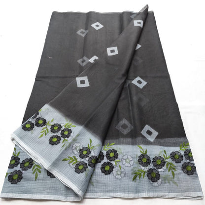 Kota Doria Bandhej and Embroidery Work Black Color Saree With Blouse Handcrafted-Indiehaat
